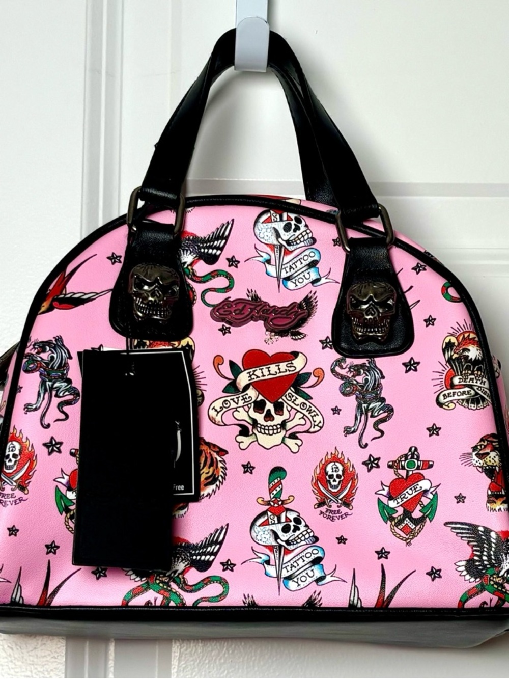 ED HARDY Pink “Love Kills Slowly” Skull Heart Tattoo Bowler-Style Handbag